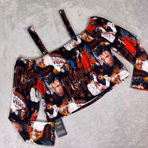 NWT SHEIN X Elvis Presley Women's Long Sleeve Graphic Crop Top L/XL Multicolor